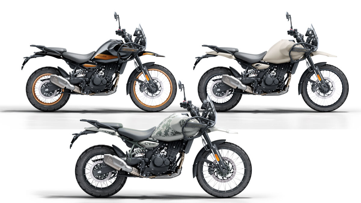 Man muss sie einfach mögen, die Royal Enfield Himlayan 450, nicht nur wegen ihres Charakter gebenden 21-Zoll-Vorderrads. Von links oben: Lackierung in Hanle Black, Kaza Brown, Kamet White