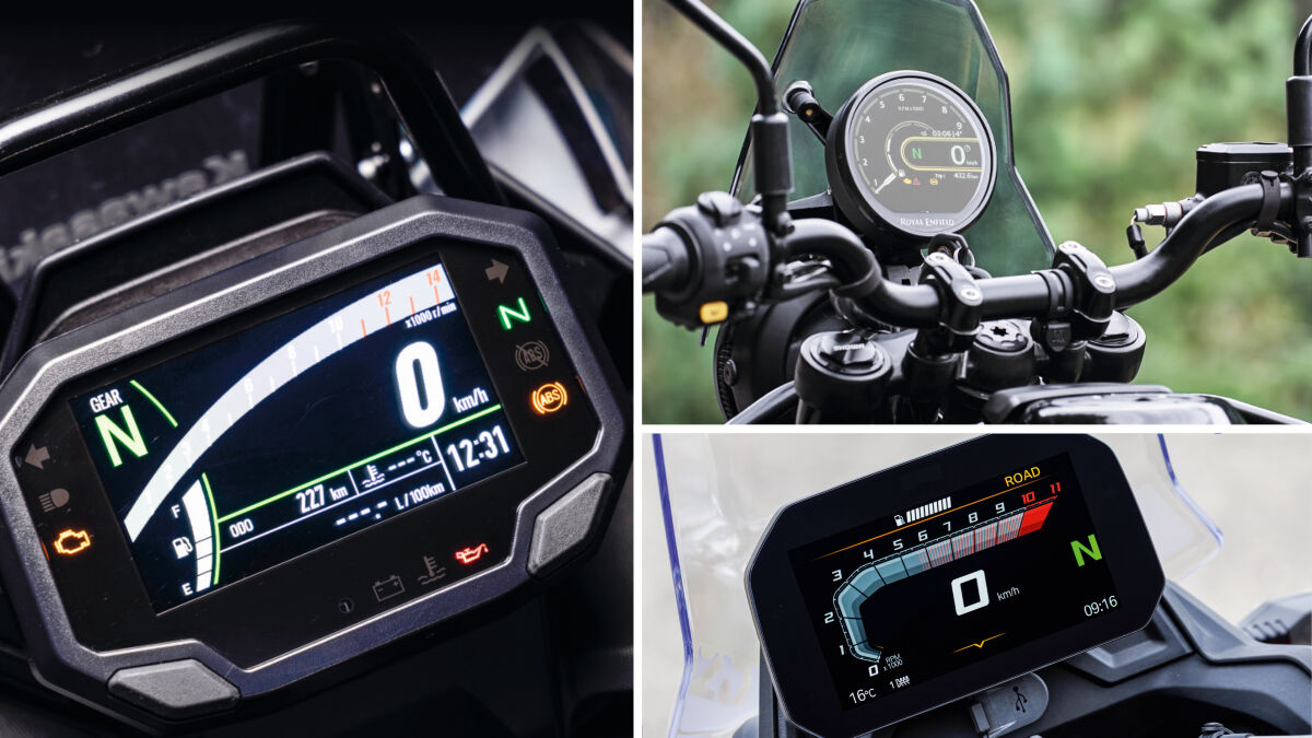 Konnektivität und TFT-Displays sind Standard bei unserem Test-Trio. Kawasaki (links) setzt auf emotionslose Information, Royal Enfield auf ein smartes Rundinstrument, BMW aufs Konzernregal