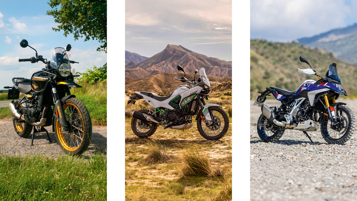 Drei Adventure Bikes, drei Designphilosophien: Royal Enfield setzt auf Rundungen, Kawasaki auf Rally-Raid-Askese, BMW Motorrad auf GS-Insignien